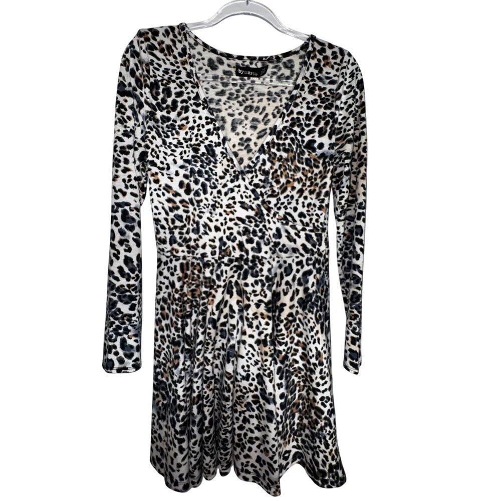 Leopard Print Long Sleeve Faux Wrap Dress Large Skater Eighties Sexy Wild Disco